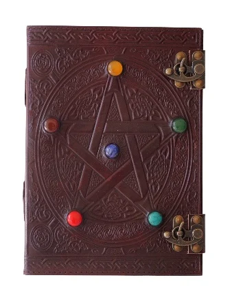 Handmade Pentagram Leather Journal, Large Celtic Embossed, Leather Journal With Lock, Grimoire, Notebook, Journal With Stone (10