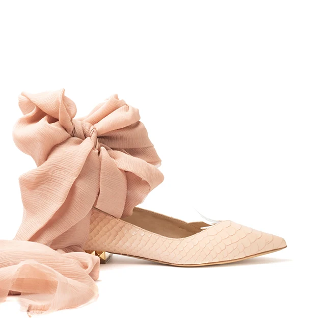 Handmade in Italy low heel candy rose embossed python leather pointy ballerina woman shoes