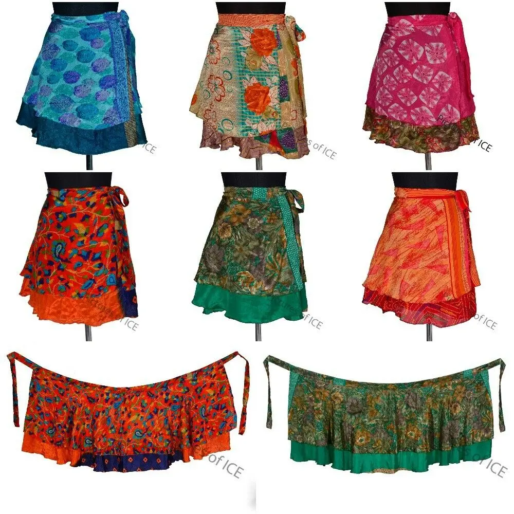  Vintage silk skirt reversible long 2 layer magic wrap around bohemian hippie sexy beach wear short dress summer