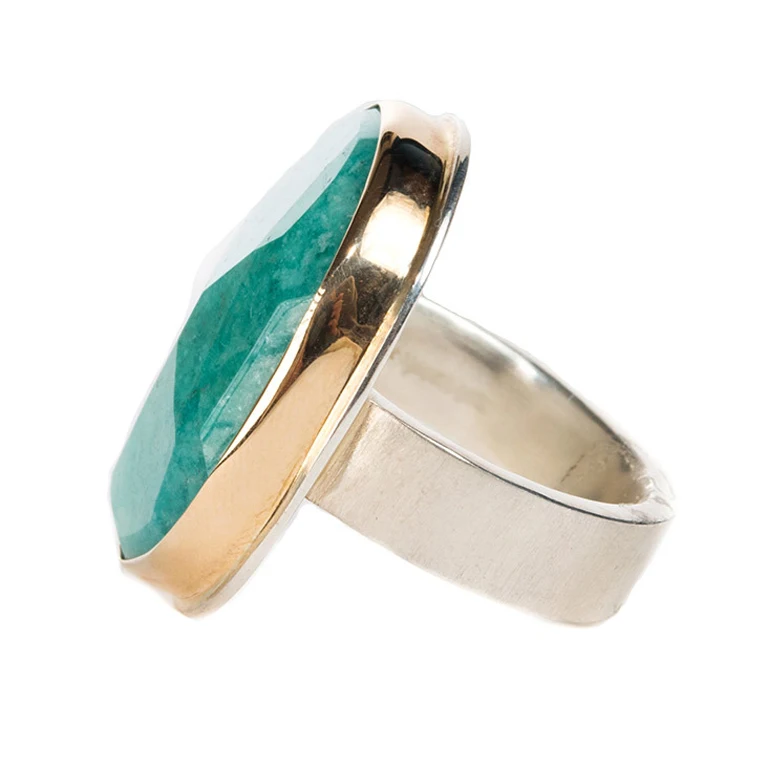 Amazonite gemstone rolled edge bezel of 14K yellow gold with 925 sterling silver band ring