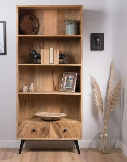 Industrial Tall Bookcase Indian Antique Rustic Mango Ara Parquetry Design Bookcase Bookshelf Jodhpur Vintage Solid Wood Bookcase