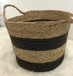 2022 Sea Grass Basket With Handles - Natural Black And Brown Striped Sedge Basket For Home Decoration, Laundry, Picnic