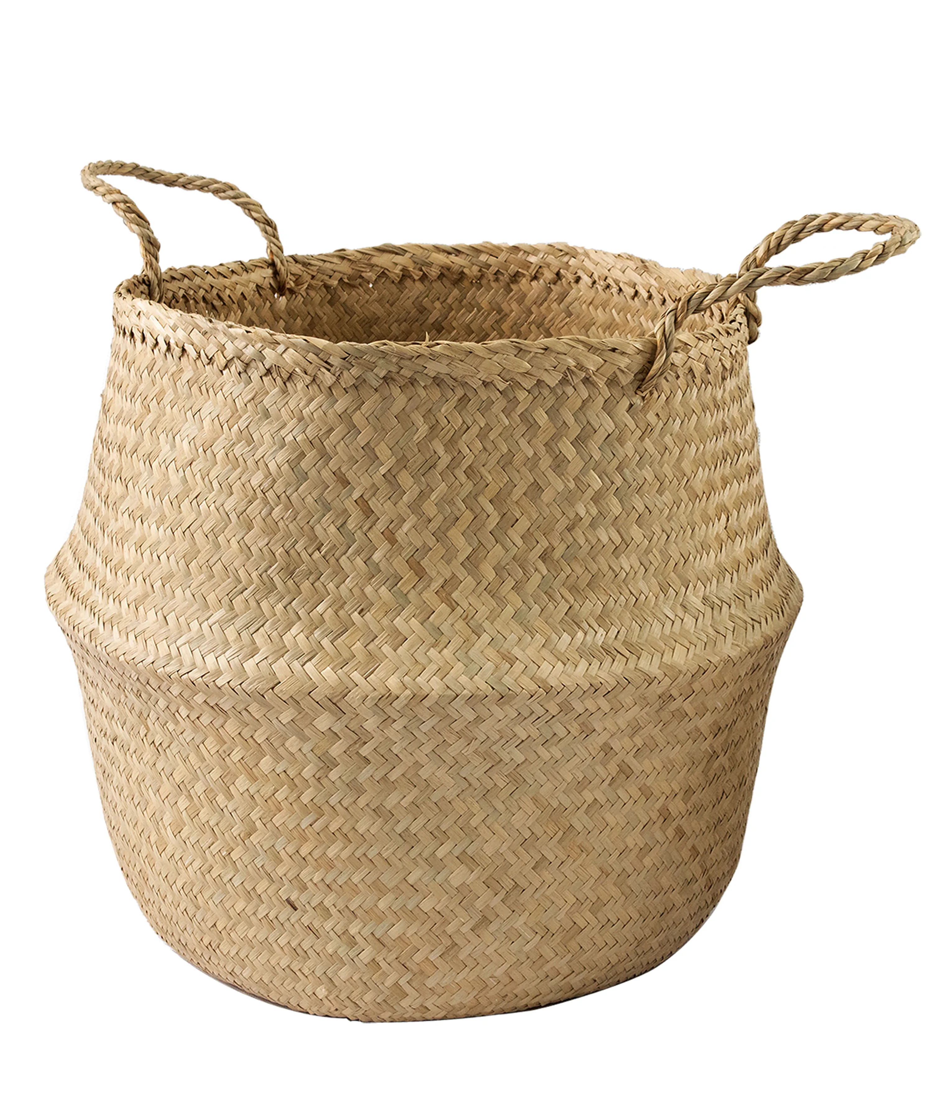 100% Handwoven Seagrass Belly Basket Foldable Storage Belly Basket Cheap Hand Woven Seagrass Basket with Handles from Vietnam