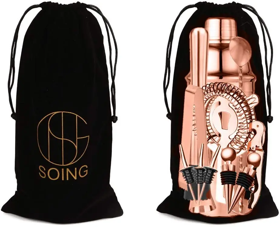 Soing Rose Copper 24Piece Cocktail Shaker Set Perfect Home Bartending Kit for Drink Mixing Stainless Steel Bar Tools With Stand