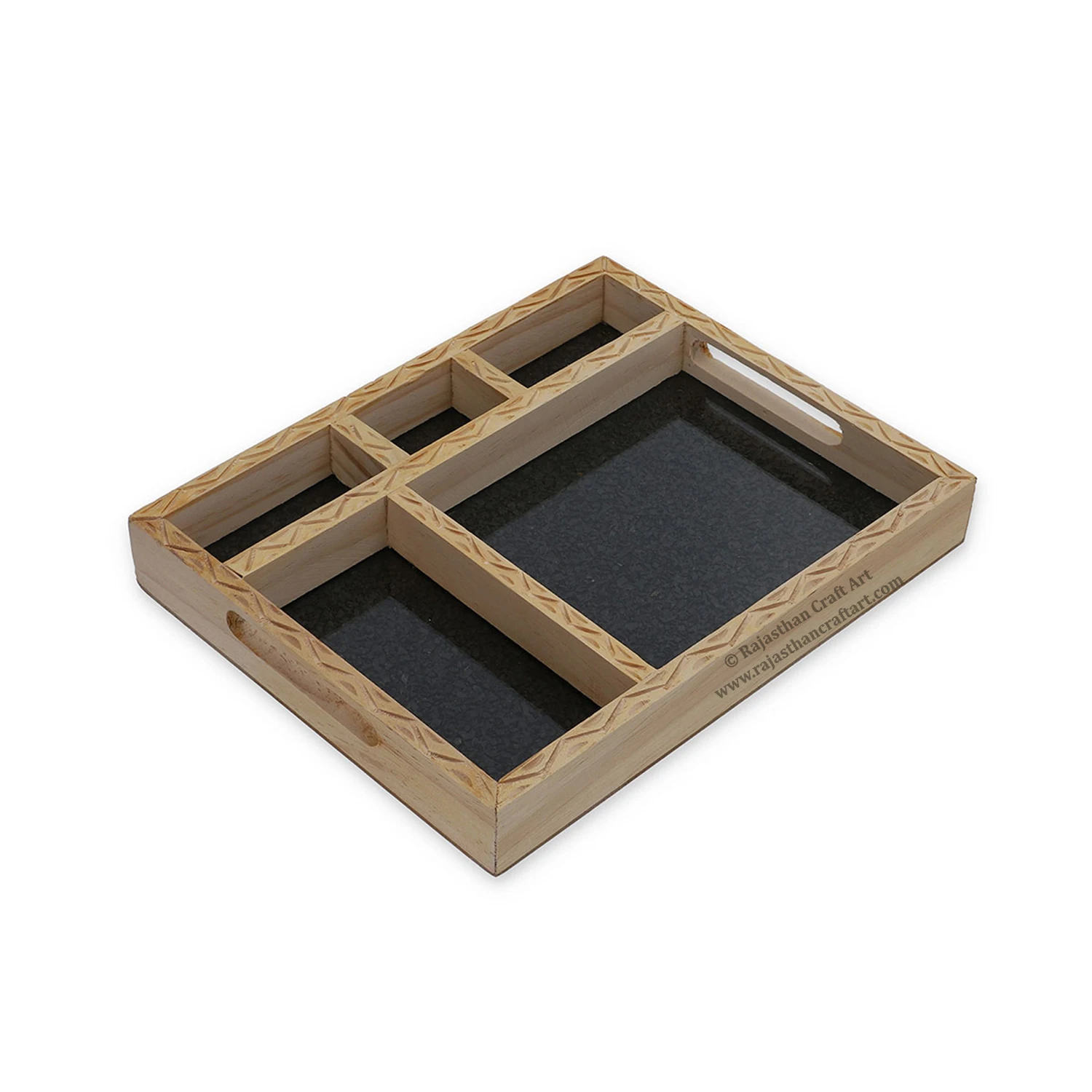 Handcrafted Wooden Shungite Chips Bedside Table with Intricate Handcarving Elegant Desk Organiser Tray