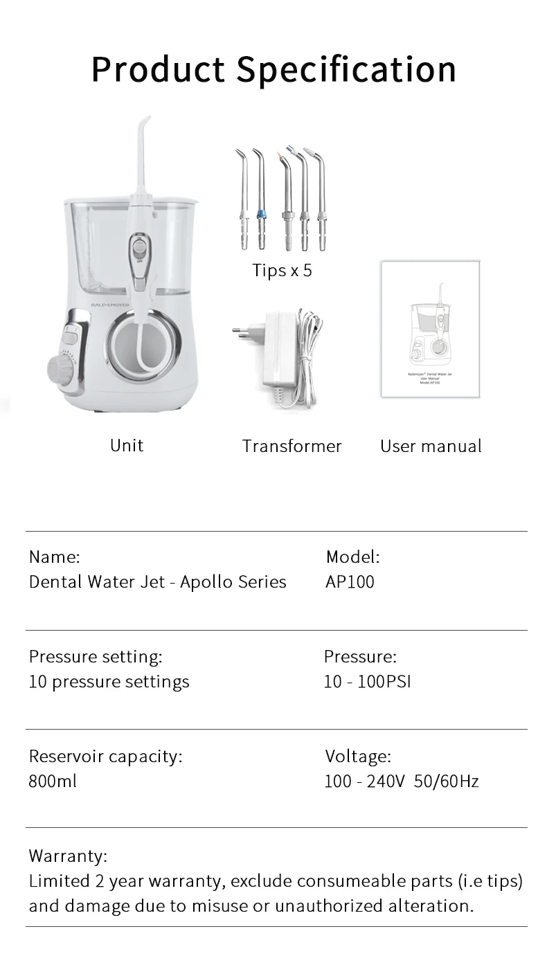 Raldmoyer Family Use 10 Pressure Control  800ml Reservoir Multifunctional Nozzle Strong Pulsed Dental Water Jet AP100