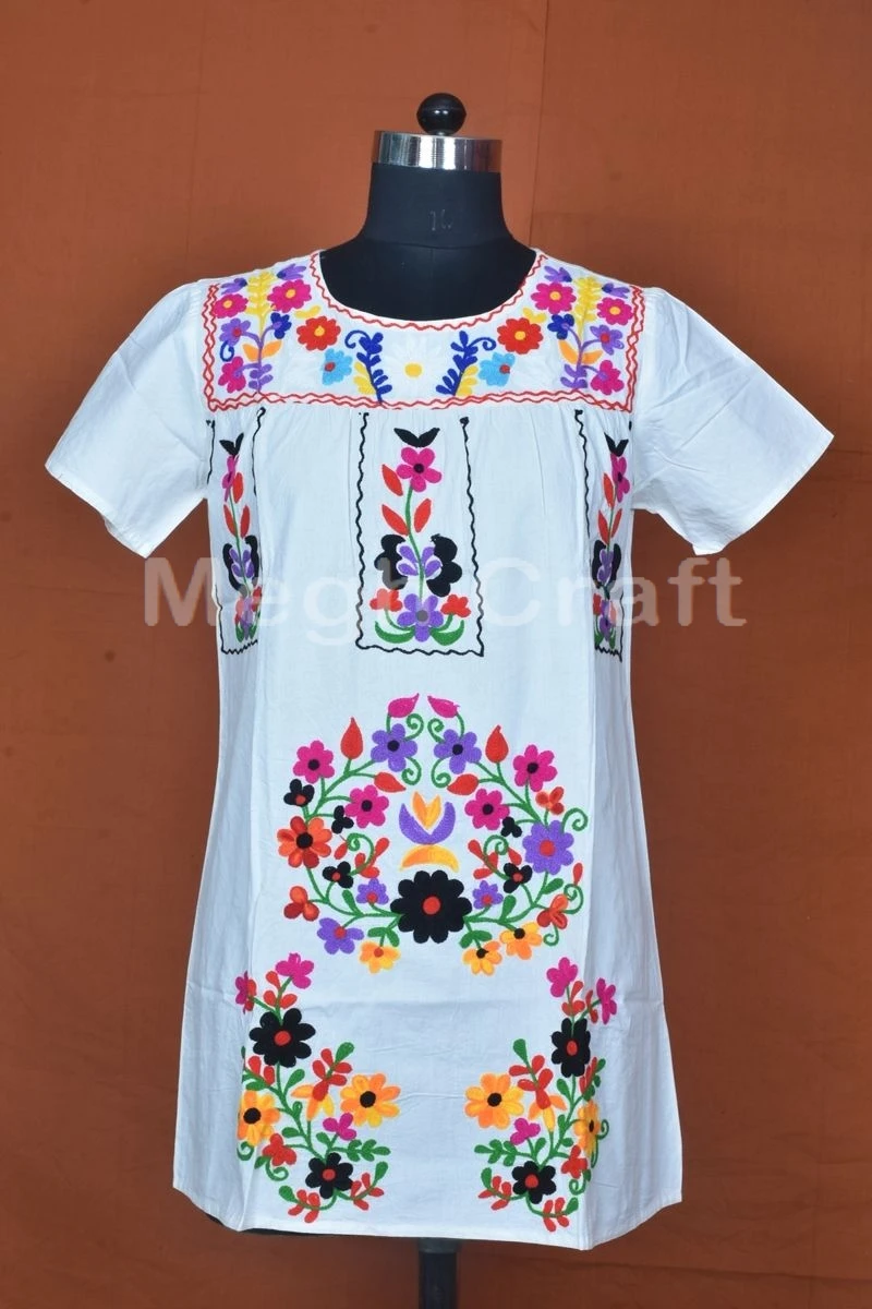 Floral Embroidery Tunic Top - Summer Fashion White embroidery Top -Vintage Style Mexican embroidery Dress - Boho Fashion