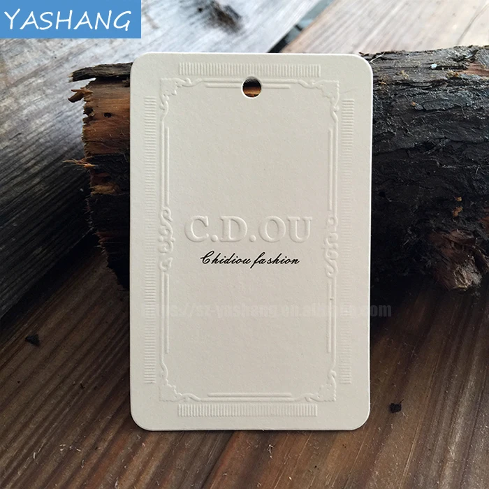 Gold stamping white paper tag elastic loops with hang tag black blind letterpress printing