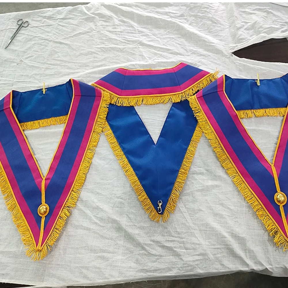 Воротник мастер Masonic Mark в красном и синем цвете с золотой отделкой бахромой крючком для подвешивания украшения