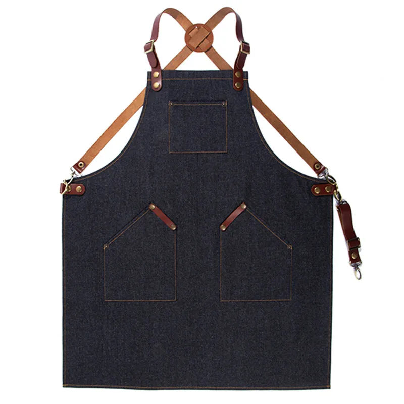 Hign Quality Aprons with logo BBQ Denim Barber Apron with Genuine Leather Straps