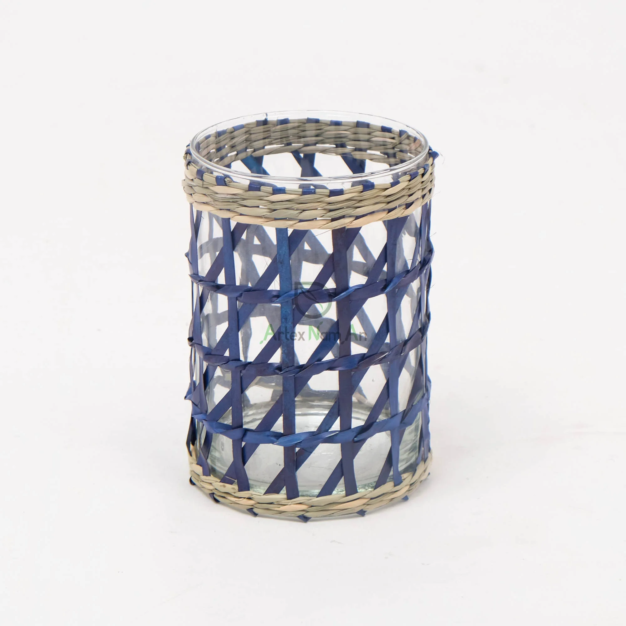 Modern Eco-Friendly Glass and Seagrass Candle Holder Handmade round Lantern with Metal Cup for Home Decoration