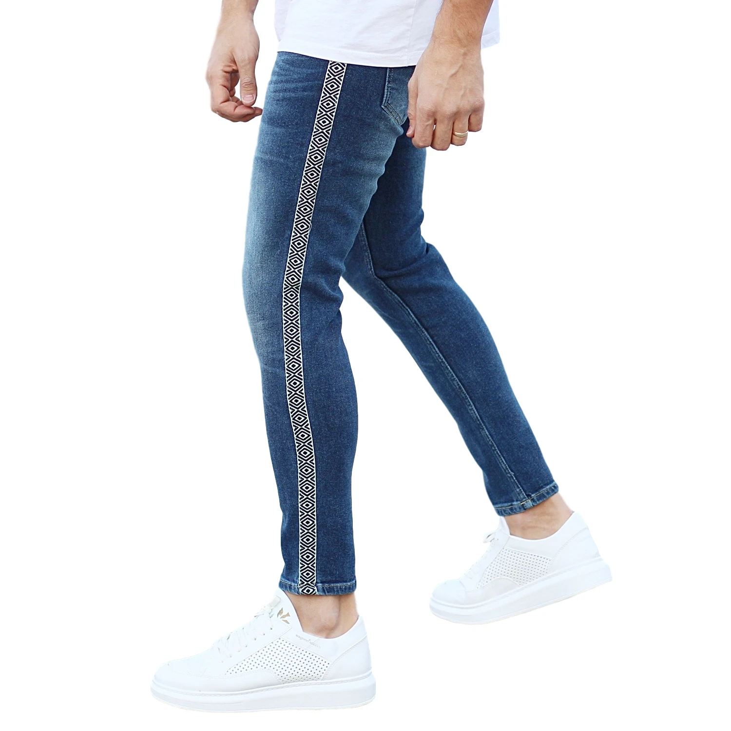 Casual 100% Cotton Denim Men Blue Slim Jeans with Ethnic Stripes Man New Style High Quality with Wholesale Offer New Trend 2022