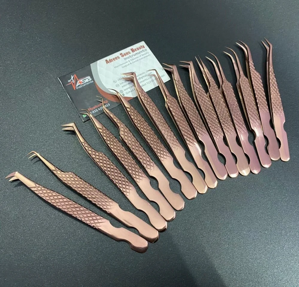 Rose Gold Japanese Stainless Steel Eyelash Extension Tweezers Hand-Tested Diamond Grip Pointed Volume Fiber Plasma Sustainable