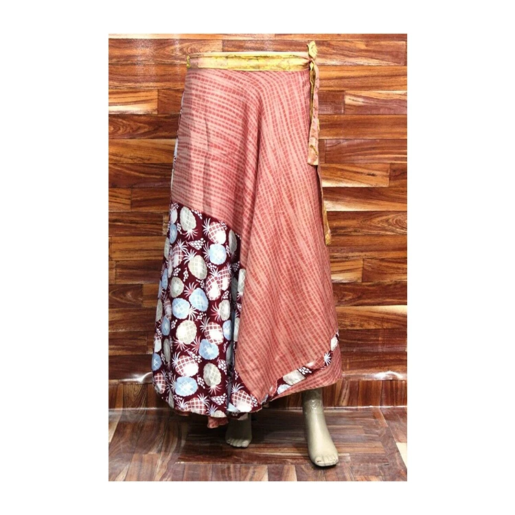 Women Indian Vintage Recycled Silk Sari Skirt Long Floral Printed Wrap Around Skirts with Belt in Beautiful Colors and Designs