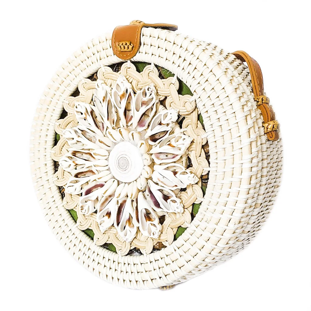 Ракушки ручной работы декоративная круглая сумка круглый кожаный ремешок из ротанга с длинными ручками ручная работа