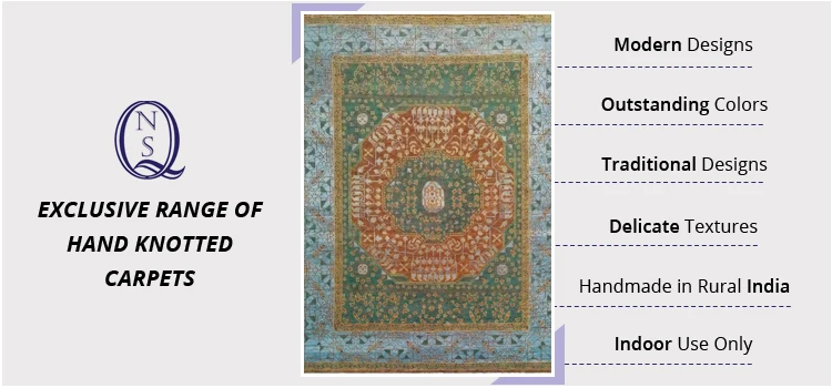 Bulk Quantity Exporter of Hand Knotted Woolen Carpet for Living Room in green color from leading manufacture