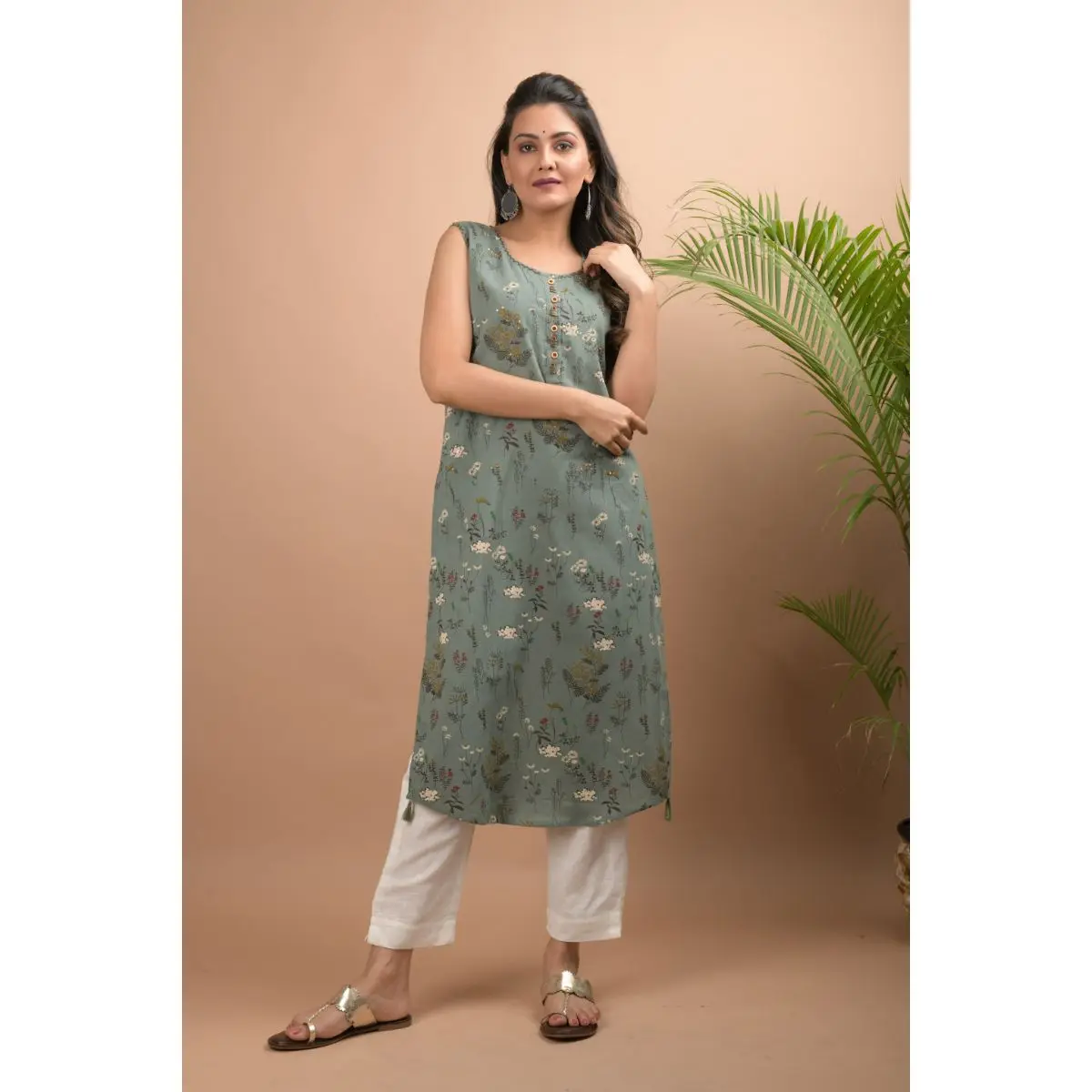 Sleeveless Cotton Printed Indian Stylish  Kurta Pant Set