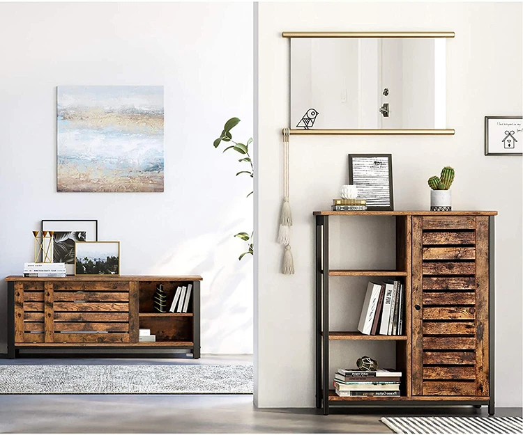 
VASAGLE Home Office Living Room Antique Industrial Vintage Metal Wood Storage Cabinet Cupboard Corner Sideboard With Door 