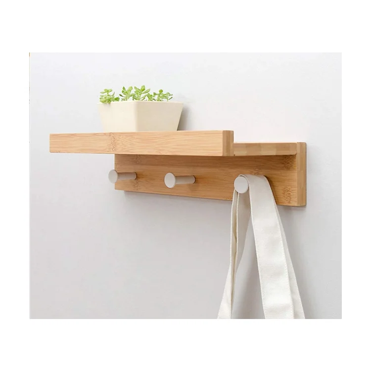 Wall Floating Shelf Bamboo Wood Floating Shelves Storage Display Racks With Hooks For Home Decor