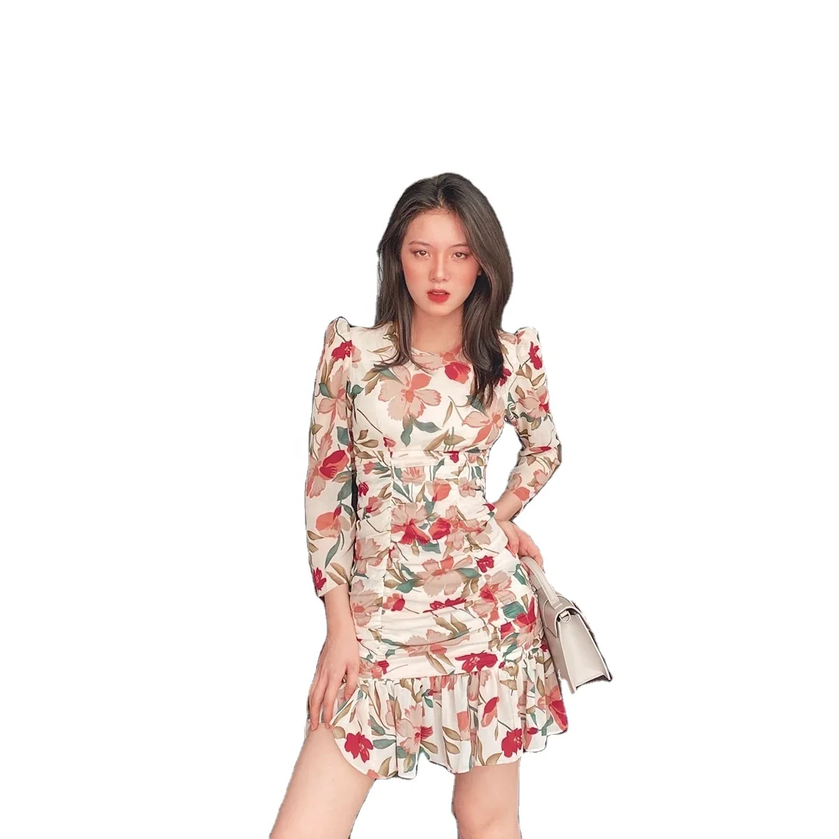 2020 New Arrivals Long Puff Sleeves O-neck Ruffle Casual Women Dresses Clothing Made in Vietnam