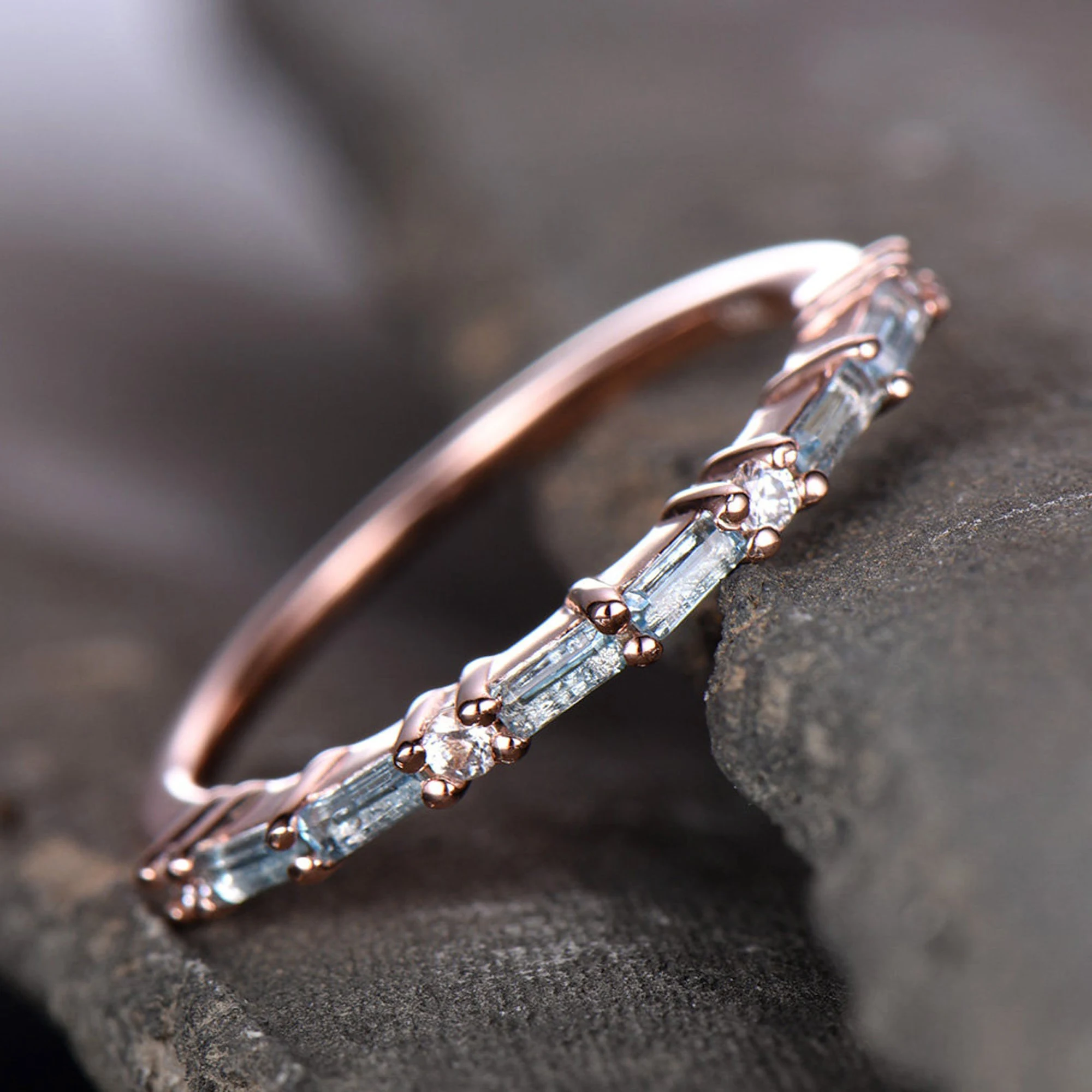 Topaz Wedding Ring Baguette Cut Blue CZ Stacking Band Rose Gold Plated Sterling Silver Anniversary