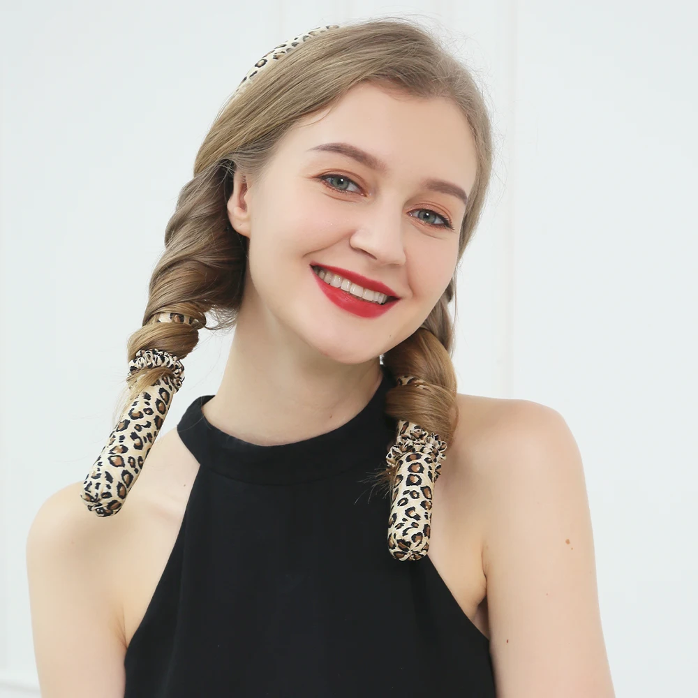 Leopard printed Heatless Silk Curling Rod Headband Soft No Heat Curls Silk Ribbon Hair Rollers Headband