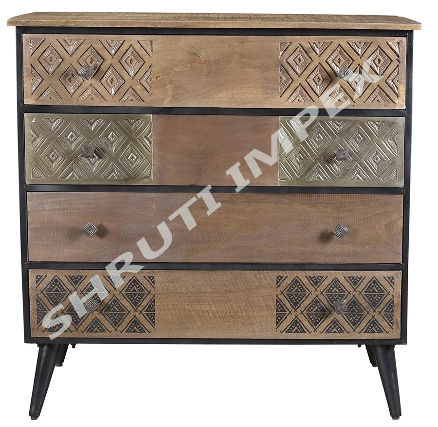 Industrial Indian Handmade Mango Wood Chest of 4 Drawer Cabinet Sideboard For Living Room