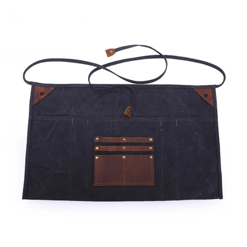 
Multi Pocket Apron for Women Real Leather Canvas Half Apron Pocket Waitress Teacher Vendor Utility Server Cosmetic Bib 