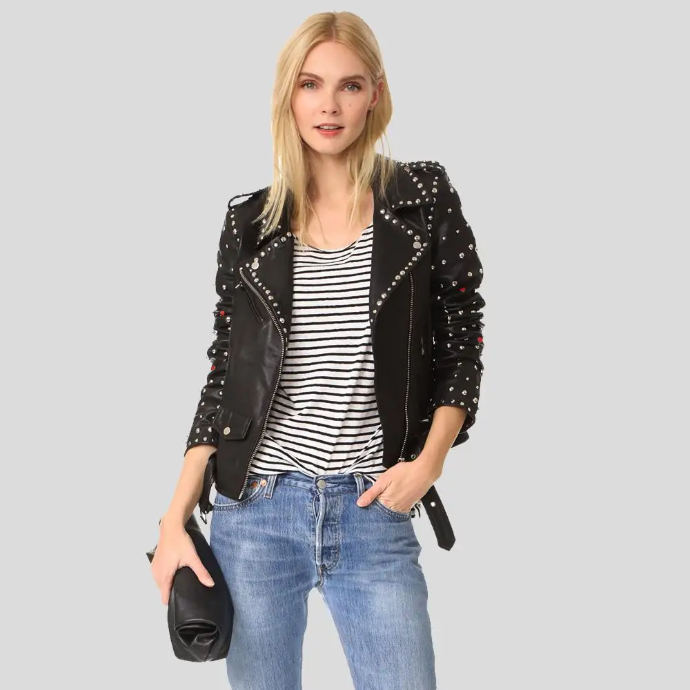 Rock Star women Leather Jacket Ladies Black Motorcycle Punk Studded Leather Jacket Bike Fashion Studded Punk Rock Leather Jacket