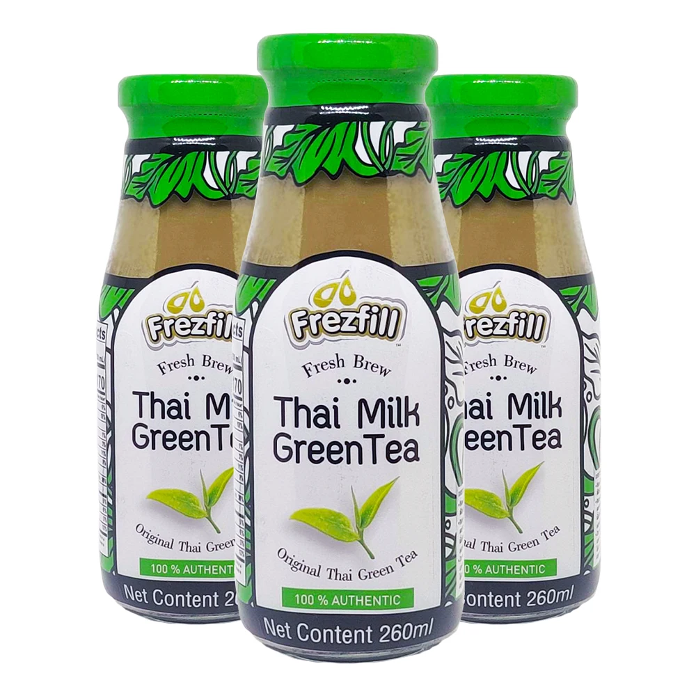 Delicious Ready to Drink Frezfill Brand - Original Thai Milk Green Tea 260ml in Glass Bottle Packaging Export from Thailand