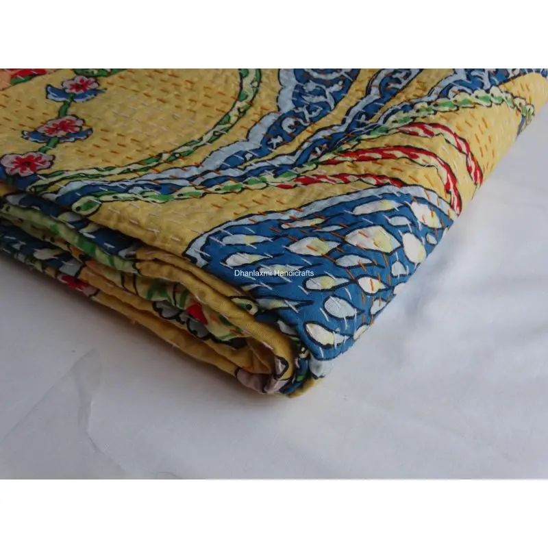 Новое индийское желтое покрывало Kantha с принтом птиц красивое домашнее украшение оптовая продажа Хлопковое одеяло ручной работы