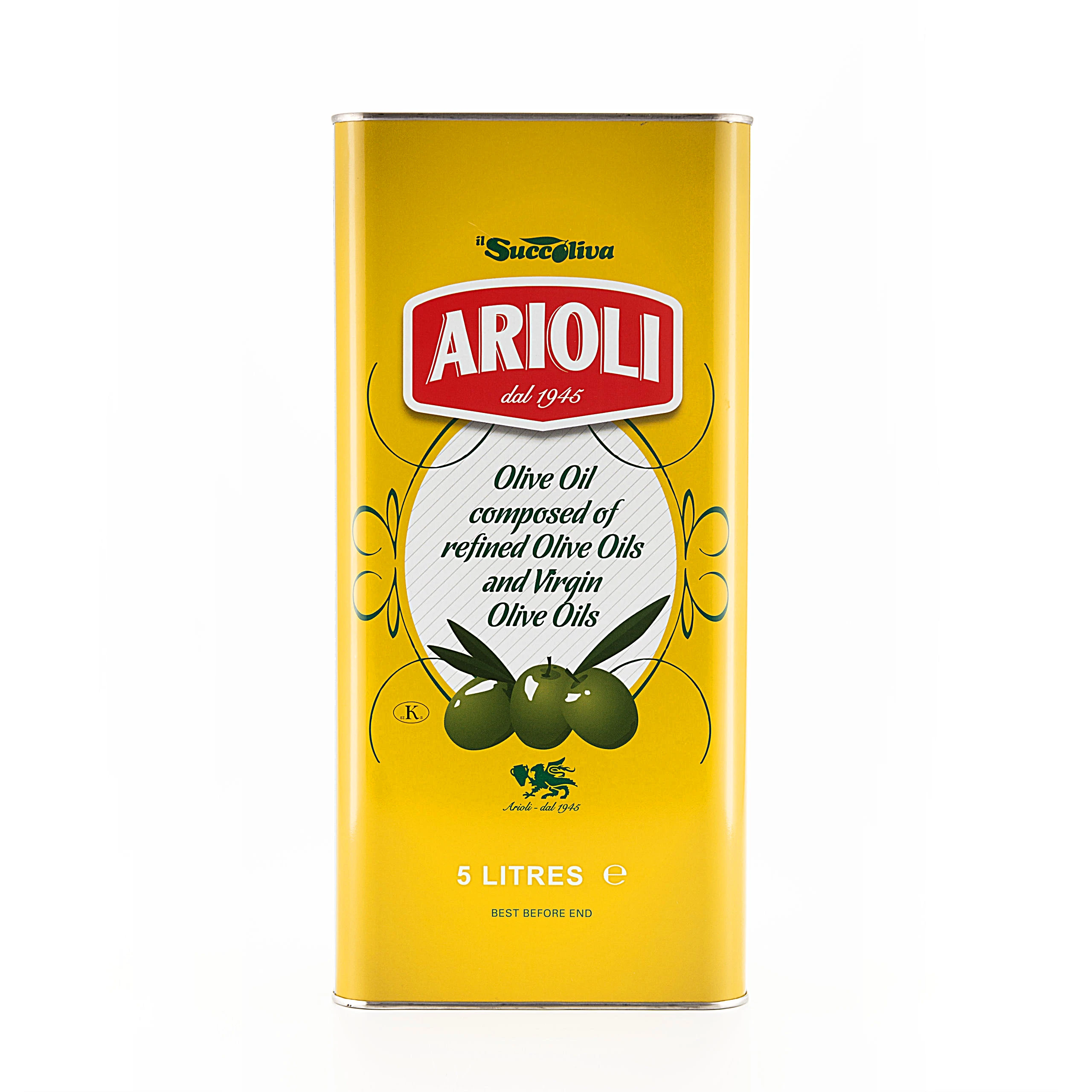 Good Quality Pure Olive Oil Kosher Certified ARIOLI IL SUCCOLIVA 5Lt. Tin for Ho.Re.Ca