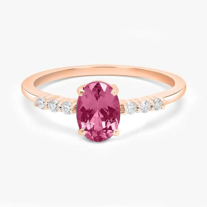 14k 18k Solid Gold Engagement Ring Natural Pink Tourmaline Oval Shape Gemstone Ring Gold Ring Manufacturer