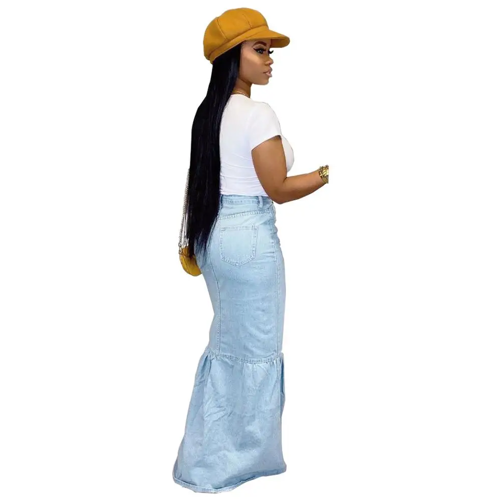 Best seller high waist button splicing maxi bud ladies clothing fashion woman denim skirt