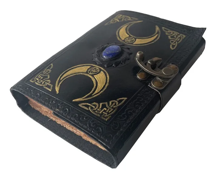 Three Moon Vintage Genuine Leather Journal Witchcrafts Third Eye Stone Handmade Deckle Edge Paper Notebook School Diary For Gift