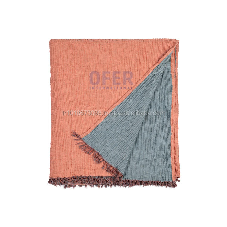 Crincled Turkish throw, beach blanket, 100% cotton, pestemal, hammam, Orange/Gray Color muslin gauze fabric organic