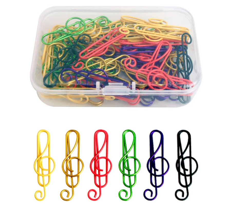 50pcs PP box packing metal creative musical notes shape paper clips with assorted colors