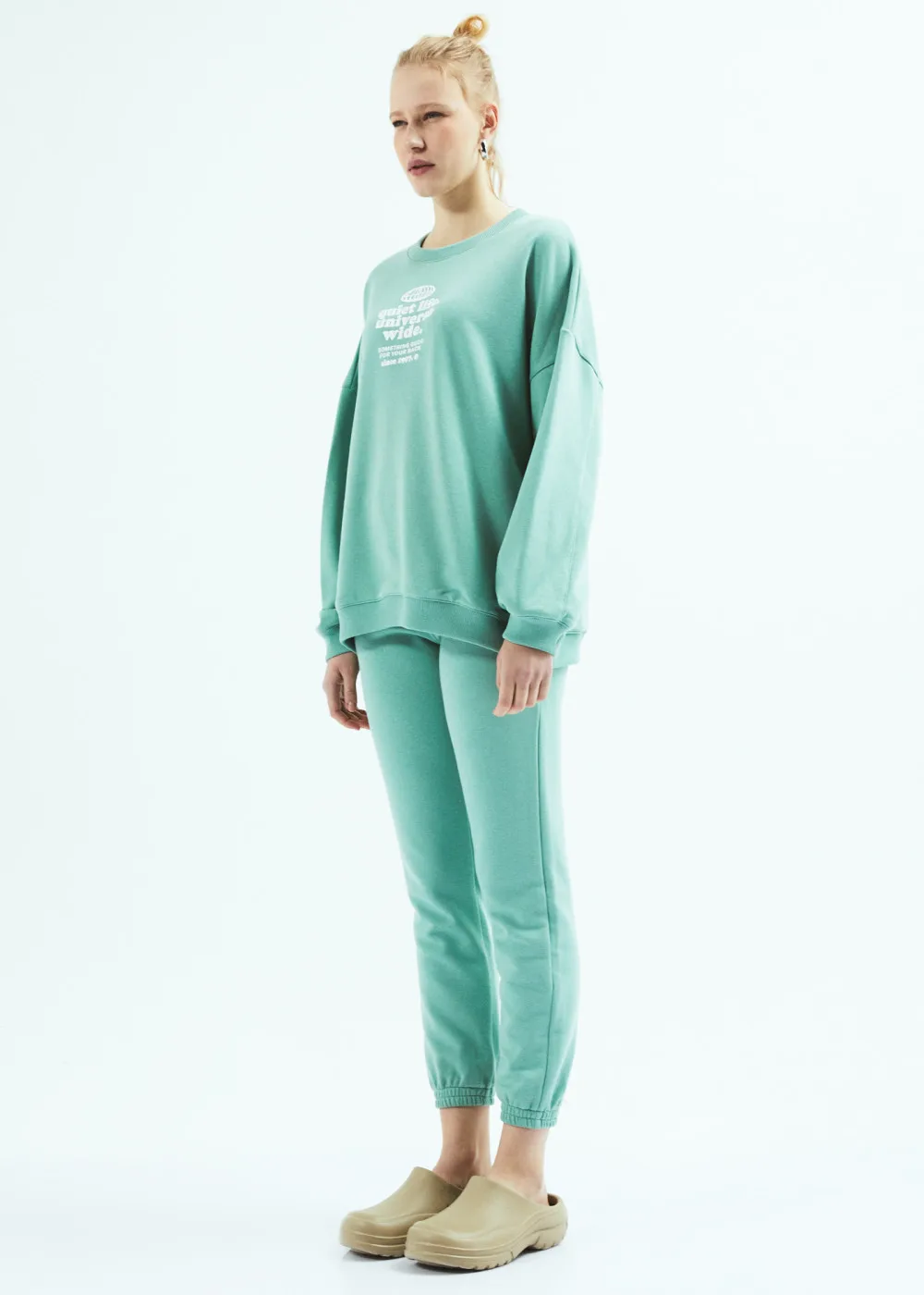 Turquoise French Terry Boyfriend sweatshirt Printed Heavyweight street style Casual hoodie Eco Friendly Loungewear