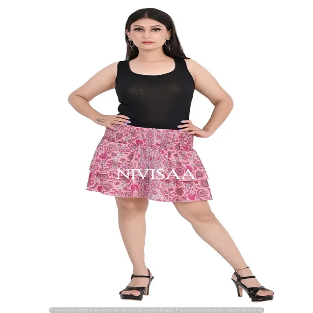 Fashionable Frill Mini Skirt High Quality Handmade Sari Silk Viscose Printed Mini Skirt Beach Wear for Women at Wholesale Price