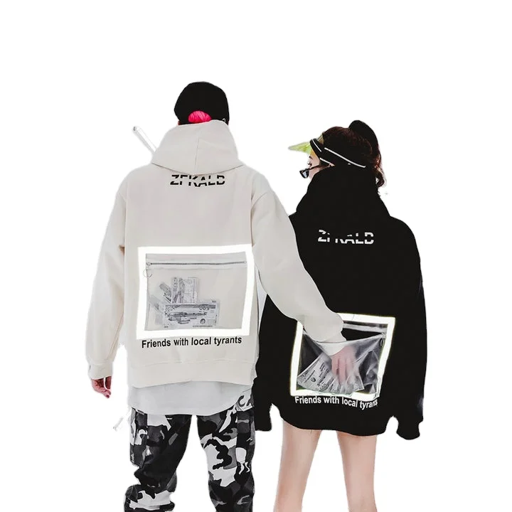 
Customized autumn and winter plush couple sweater hip-hop style reflective big pocket unisex hoodie 