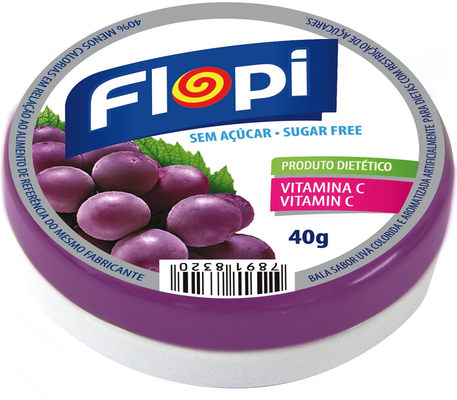 9582 - Flopi Orange, Cherry, Strawberry, Grape, Fruit Mix Sugar Free Hard Candy 40g 48x10un