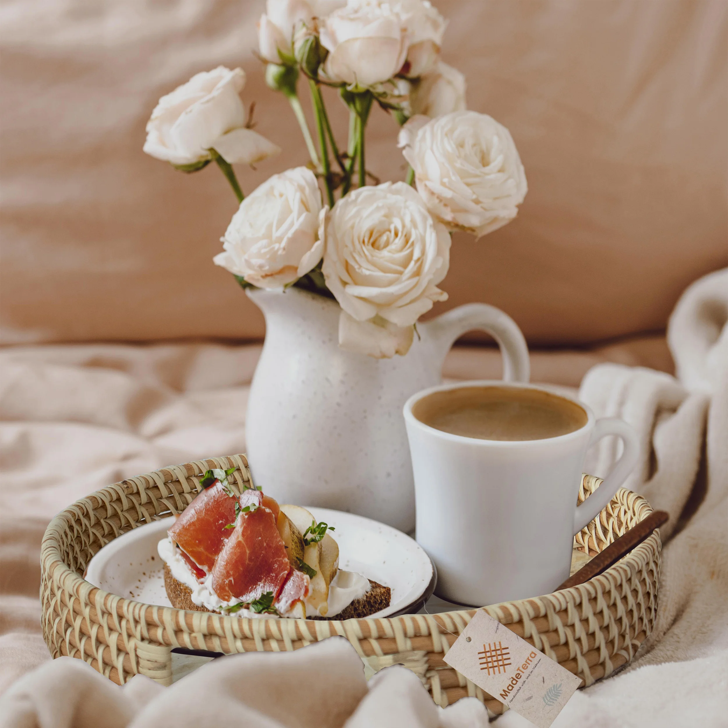 Set Of 2 Mother Of Pearl Inlay with Rattan Serving Tray for Breakfast, Snacks and Fruits - Rattan Tray Handmade Bone Inlay Tray