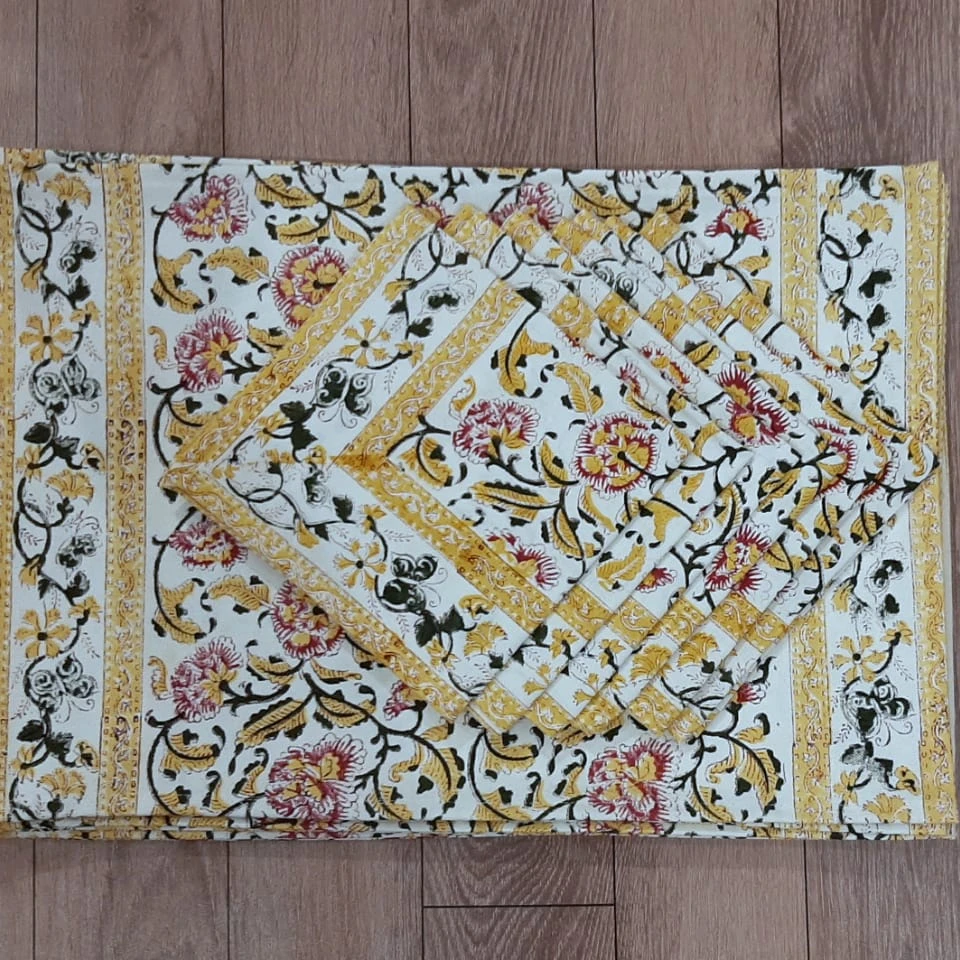 Premium Quality  Indian Cotton Hand Block Print Floral Table Mats & Napkin Set of 6 Napkins & 6 Mats