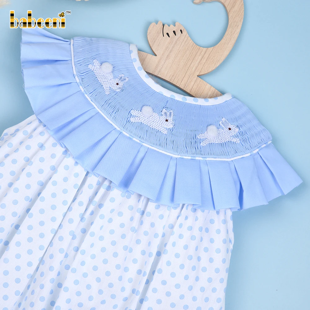 Белое платье в горошек с вышитым кроликом и голубым оборками оптовая продажа детская одежда детское для девочек-BB1926