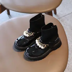 Fashion shoelace free warm kids winter boots With pearl chains girls leather for outdoor
