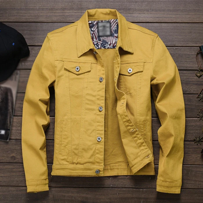 
Men Slim Streetwear Denim Jacket Hip Hop Bomber Jackets Spring Autumn Red white Black Yellow army green Jeans Denim Jacket 
