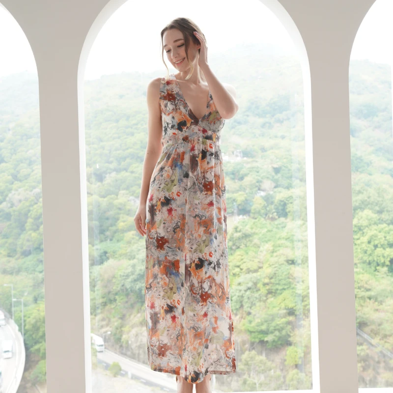 Ladies Autumn Beach Long Dress Sexy Side Split V Neck Printed Dress Party Cocktail Dress