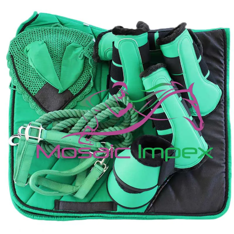 Sea green & Black Matching Saddle pad set with Halter Lead Ear Bonnet Horse Boots and Bell boots