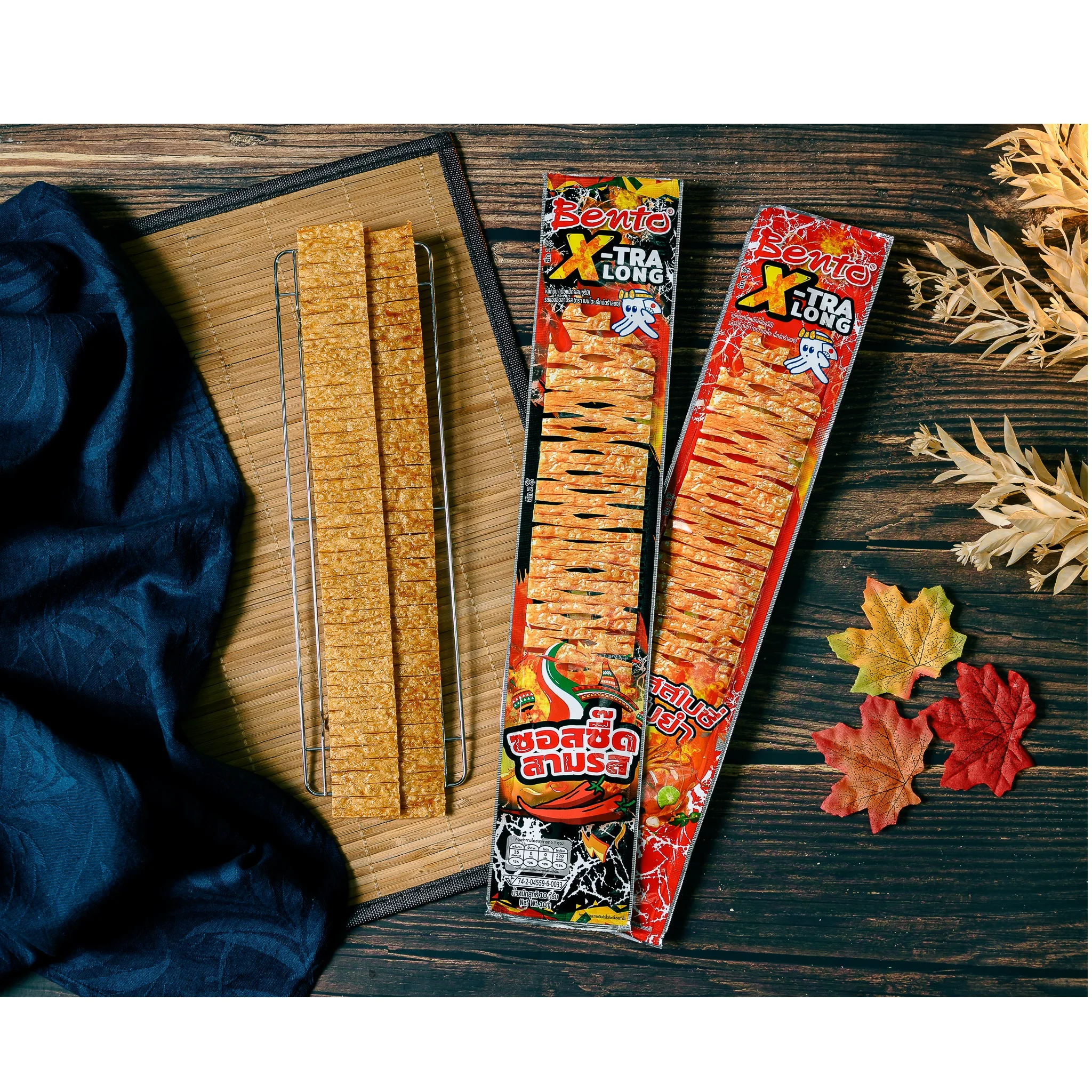 
Baked Snacks Style Squid Seafood Snack (Bento X-Tra Long) Spicy Tom Yum Flavour Export From Thailand 