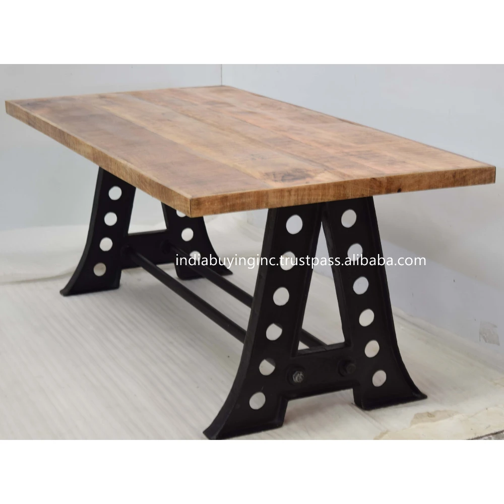 Rough Mango Wood Top and Cast Iron Legs Dining Table Customize Size Vintage Style Table for Home Hotel and Restaurant Use